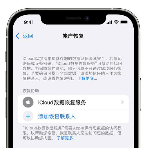 龙门苹果手机维修分享在 iPhone 上设置帐户恢复联系人的方法 