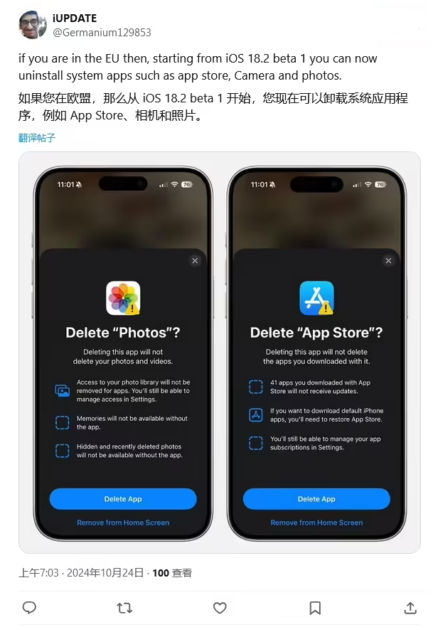 龙门苹果手机维修分享iOS 18.2 支持删除 App Store 应用商店 