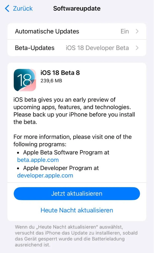 龙门苹果手机维修分享苹果 iOS / iPadOS 18 开发者预览版 Beta 8 发布 